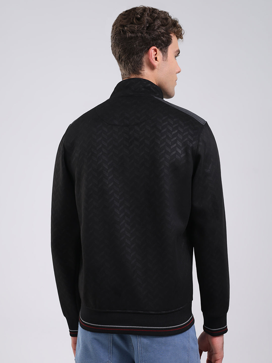 Men Black Self Design Full Sleeve Sweatshirt with Jacket Vibe