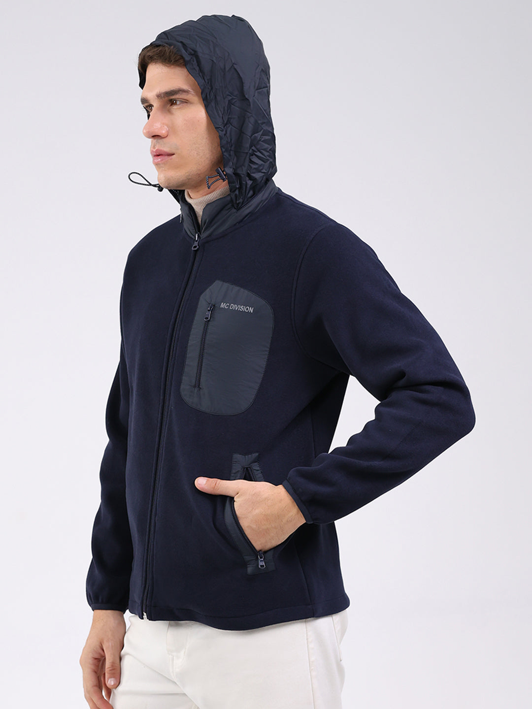 Men Navy Blue Self Design Mock Neck Full Sleeve Sweatshirt