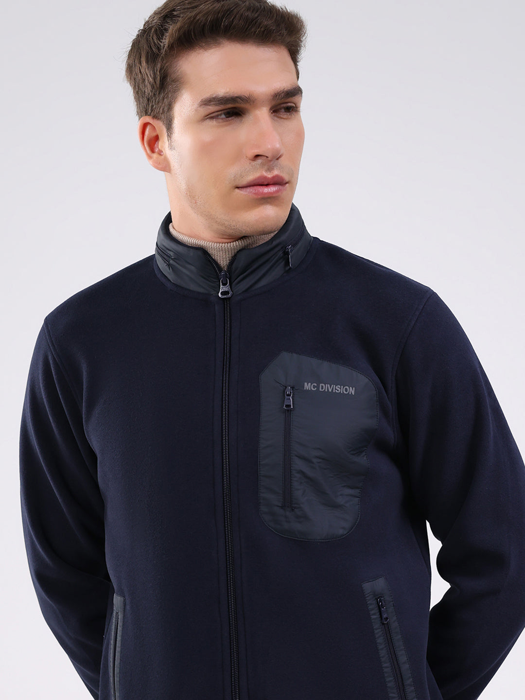 Men Navy Blue Self Design Mock Neck Full Sleeve Sweatshirt