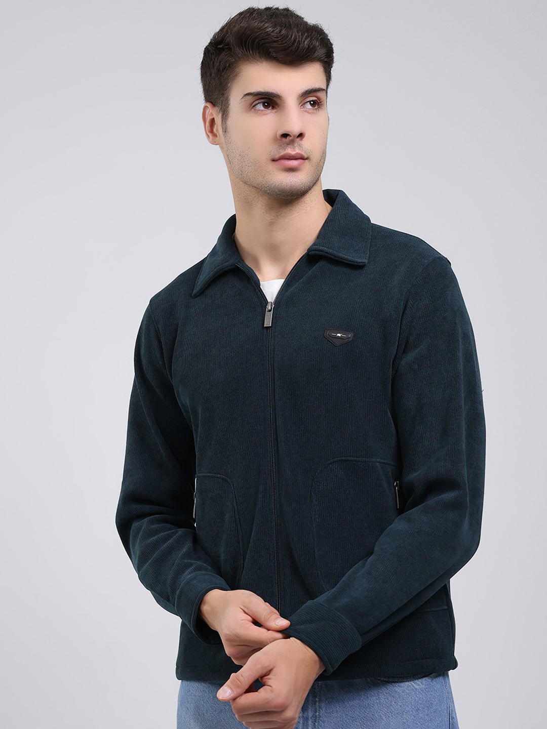 Men Bottle Green Self Design Collar Full Sleeve Sweatshirt