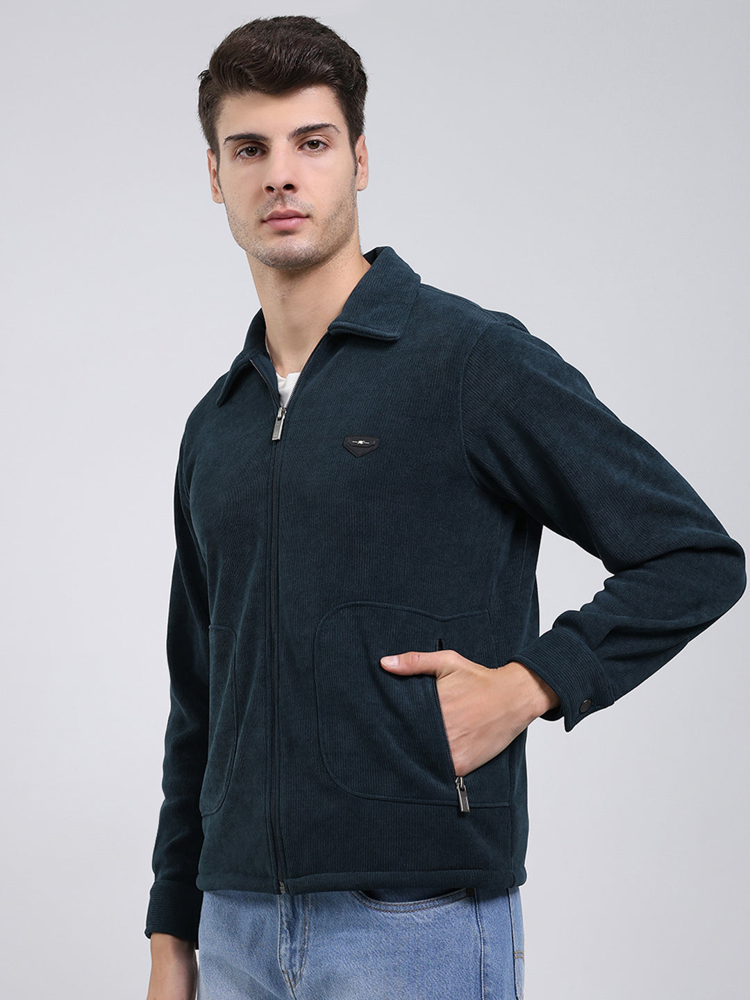 Men Bottle Green Self Design Collar Full Sleeve Sweatshirt