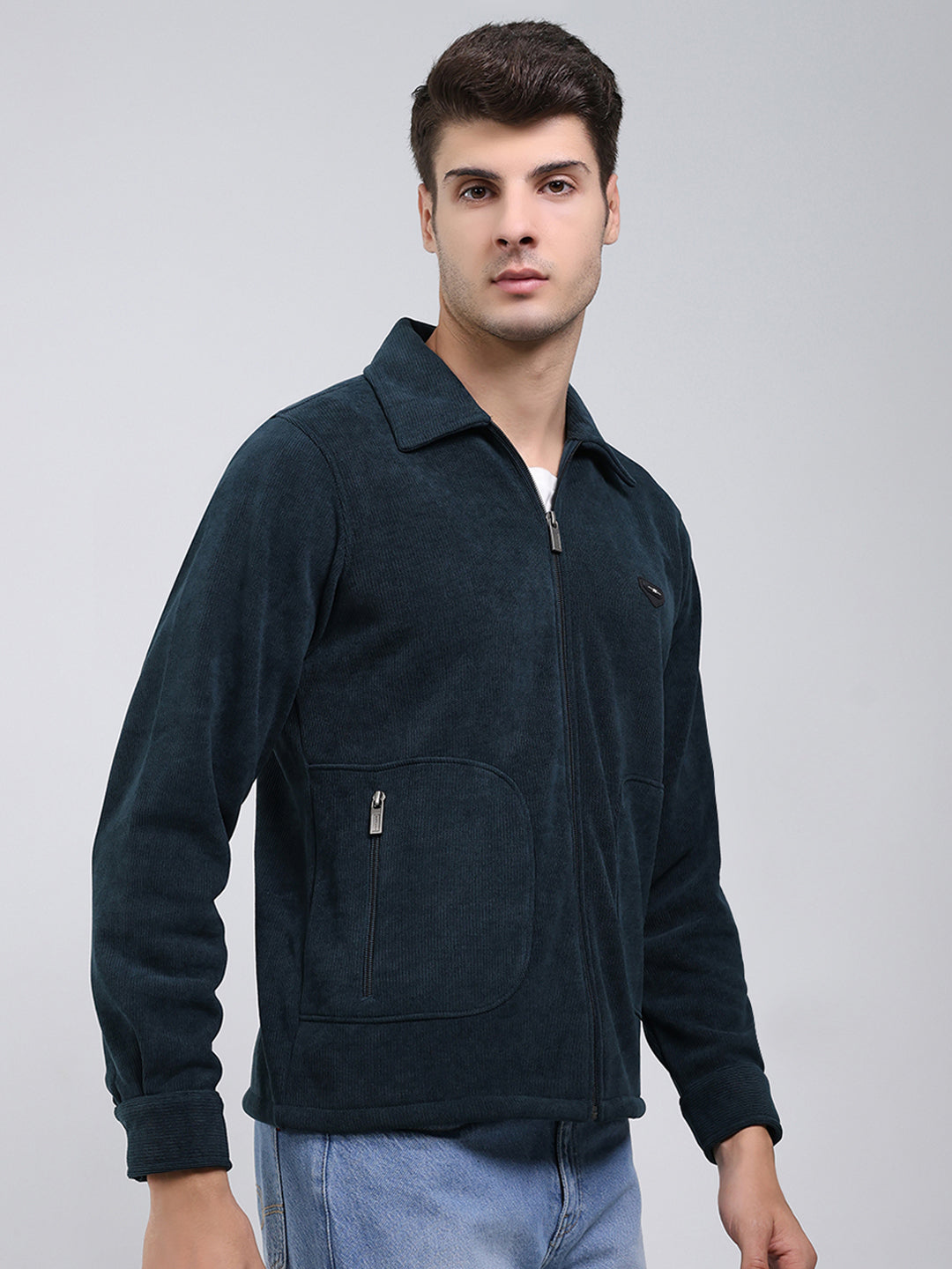 Men Bottle Green Self Design Collar Full Sleeve Sweatshirt