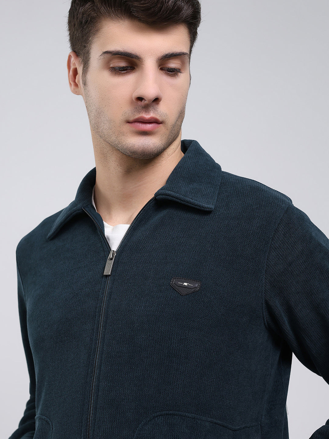 Men Bottle Green Self Design Collar Full Sleeve Sweatshirt