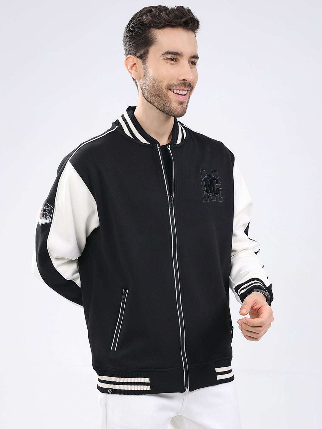 Men Black Self Design Round Neck Full Sleeve Sweatshirt