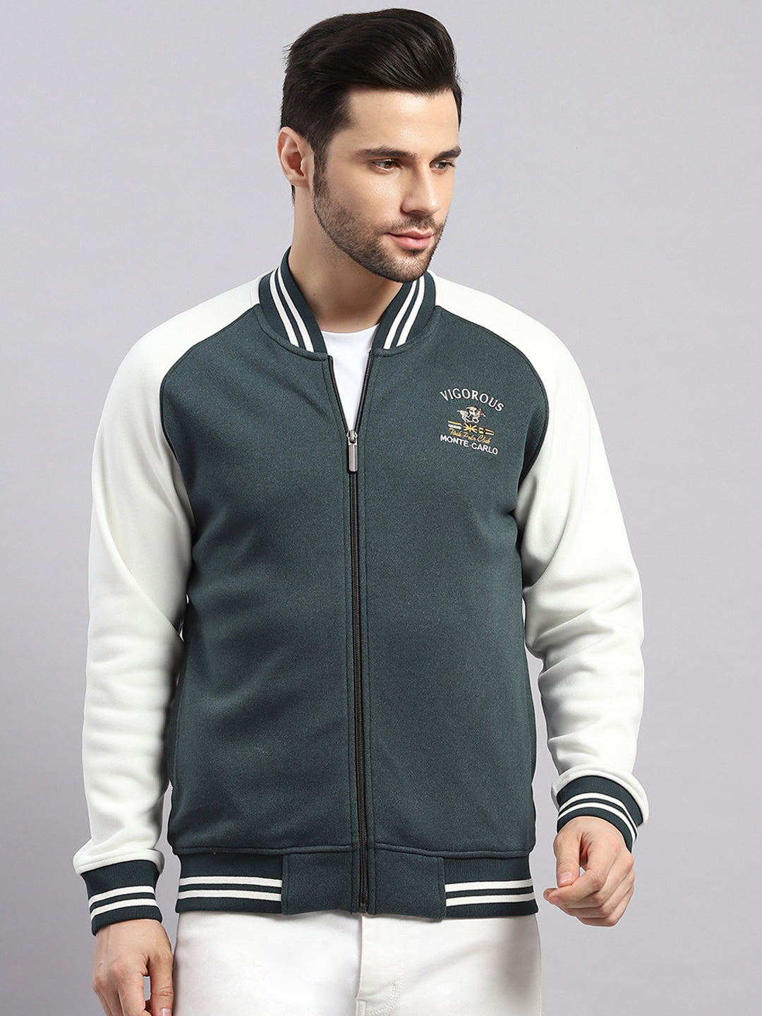 Men Green Self Design Collar Full Sleeve Sweatshirt Varsity Collection