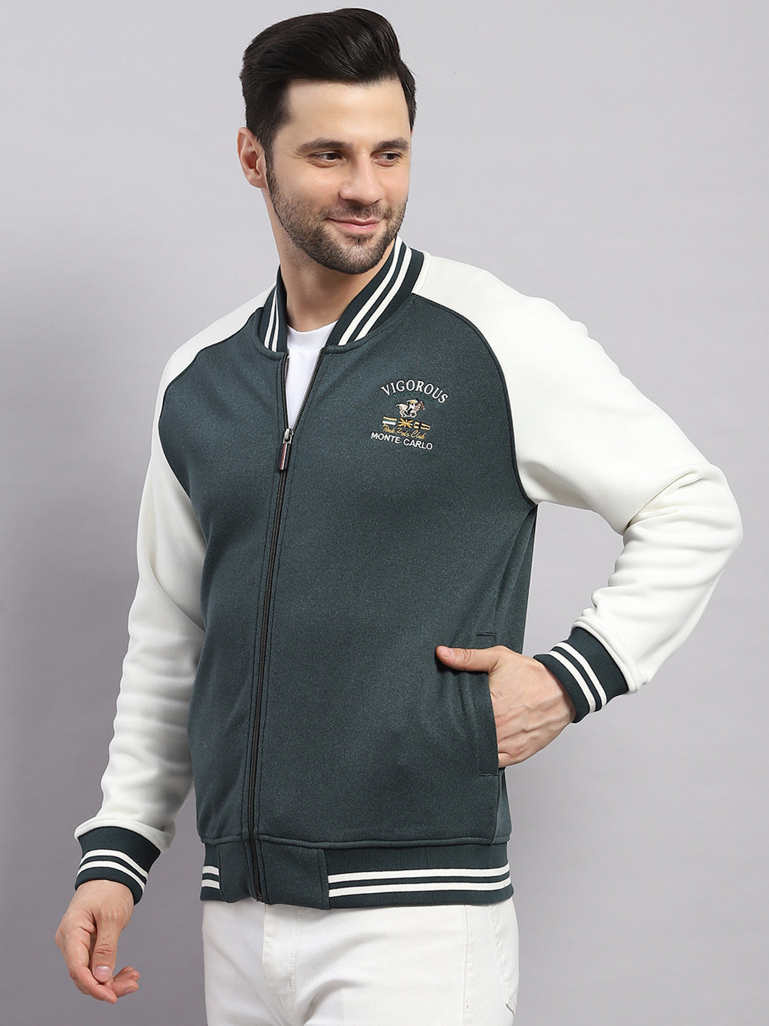 Men Green Self Design Collar Full Sleeve Sweatshirt Varsity Collection