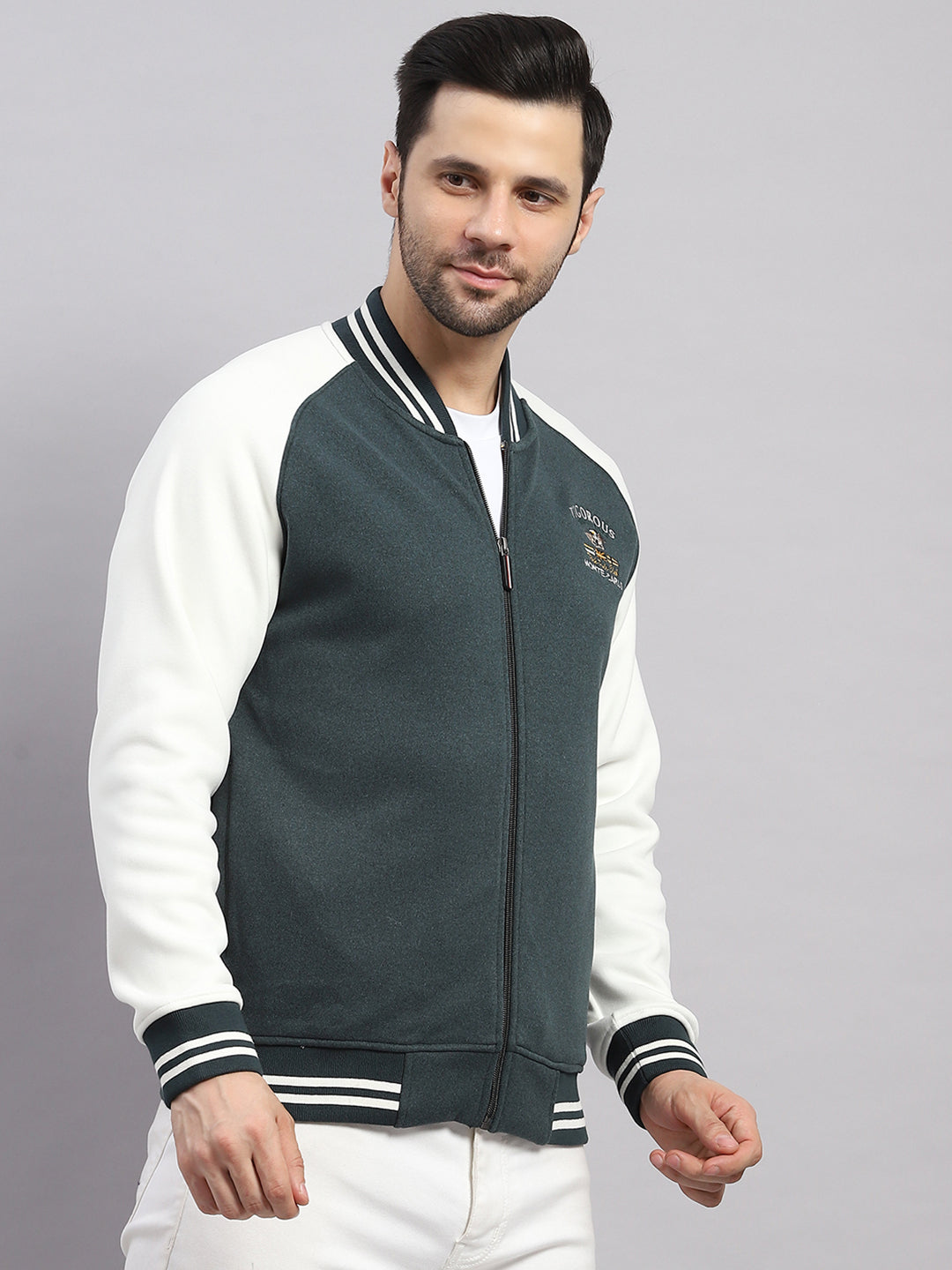 Men Green Self Design Collar Full Sleeve Sweatshirt Varsity Collection