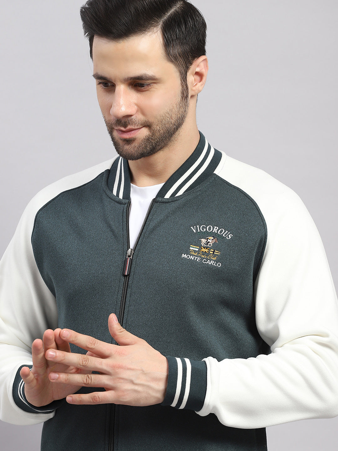 Men Green Self Design Collar Full Sleeve Sweatshirt Varsity Collection