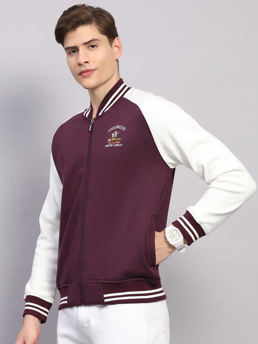 Men Maroon Self Design Ribbed Collar Full Sleeve Sweatshirt Varsity Collection