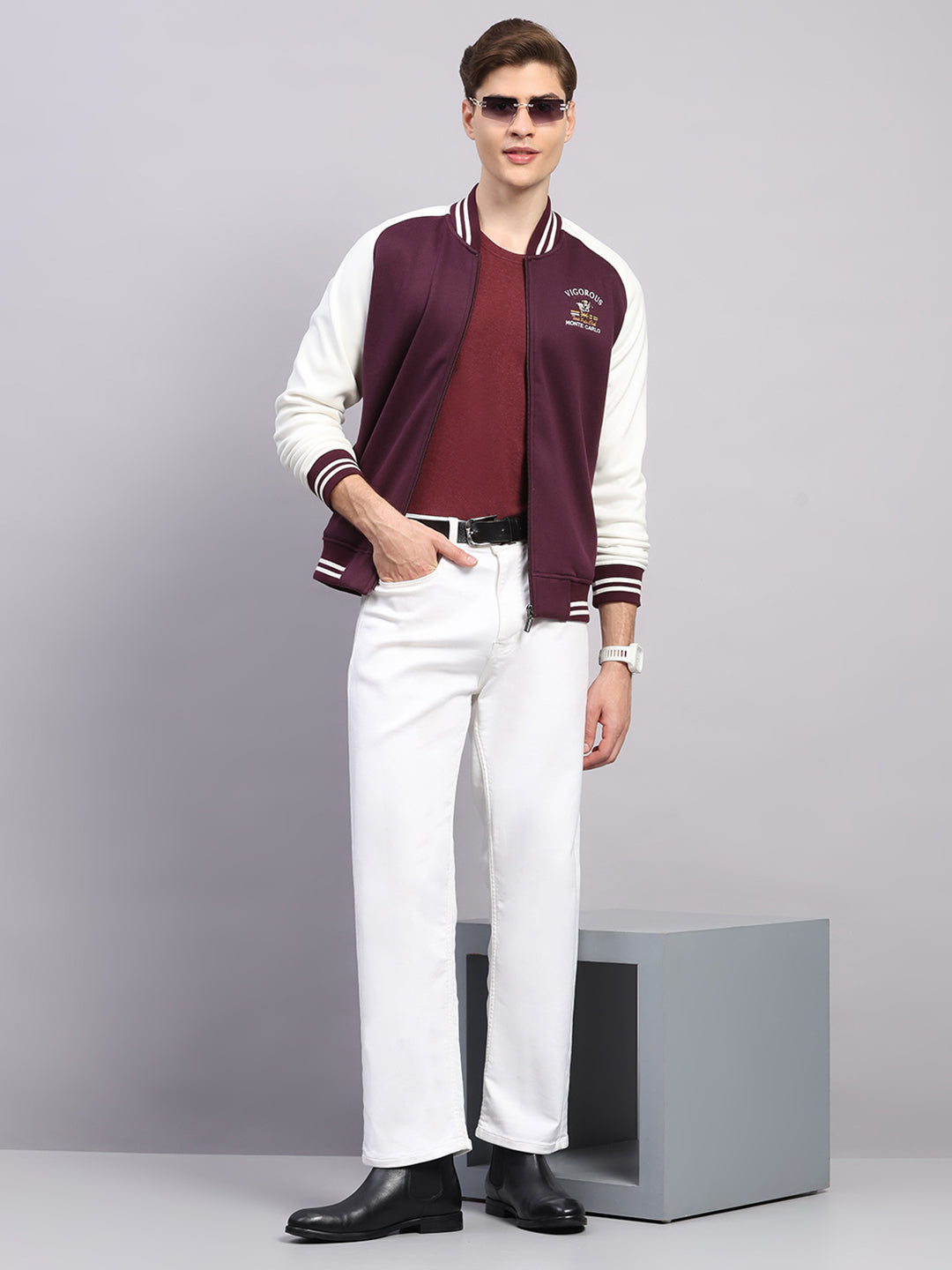Men Maroon Self Design Ribbed Collar Full Sleeve Sweatshirt Varsity Collection
