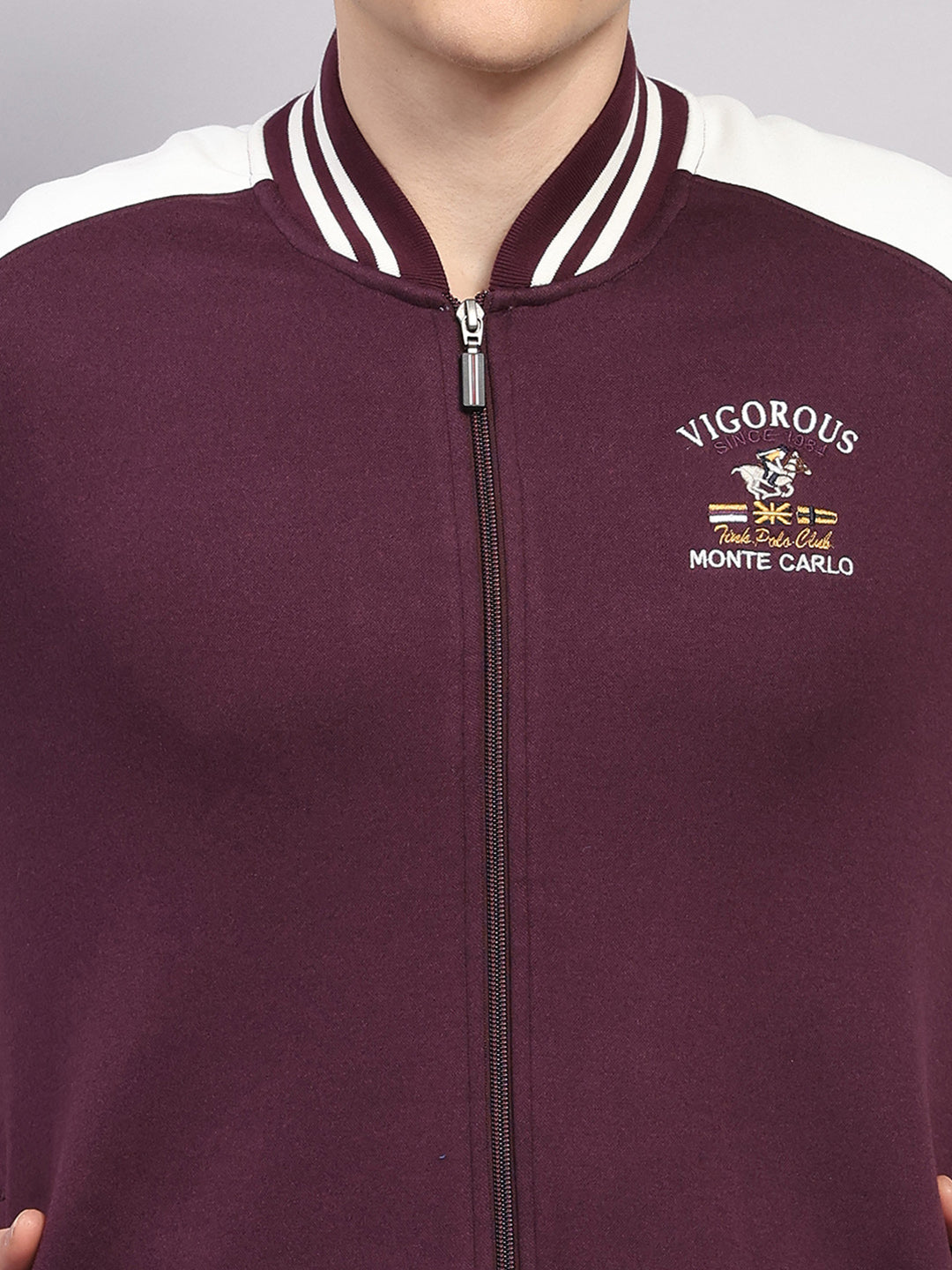 Men Maroon Self Design Ribbed Collar Full Sleeve Sweatshirt Varsity Collection