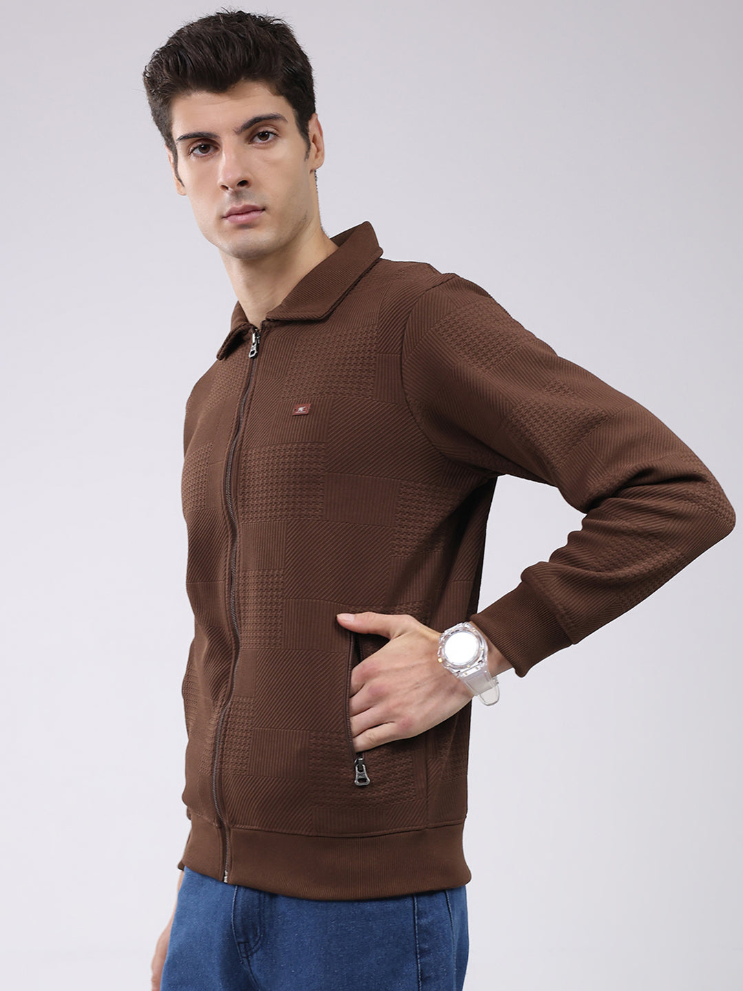 Men Brown Ultra-Warm Self-Design Sweatshirt (Anti-Pilling Fabric)