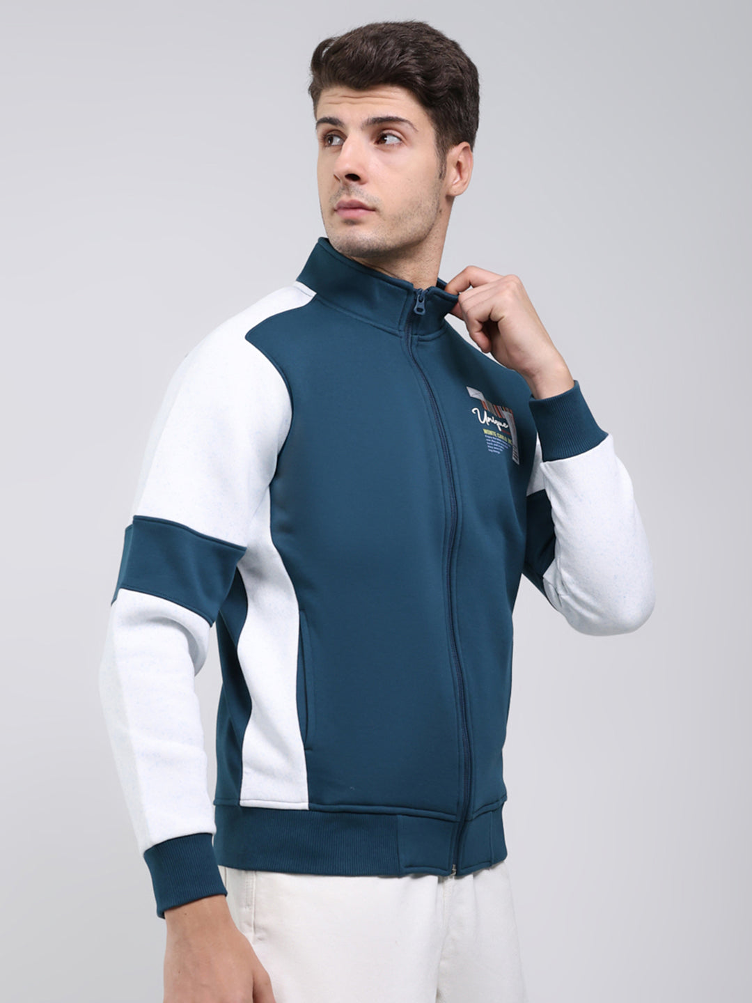 Men Teal Blue Solid Mock Neck Full Sleeve Sweatshirt