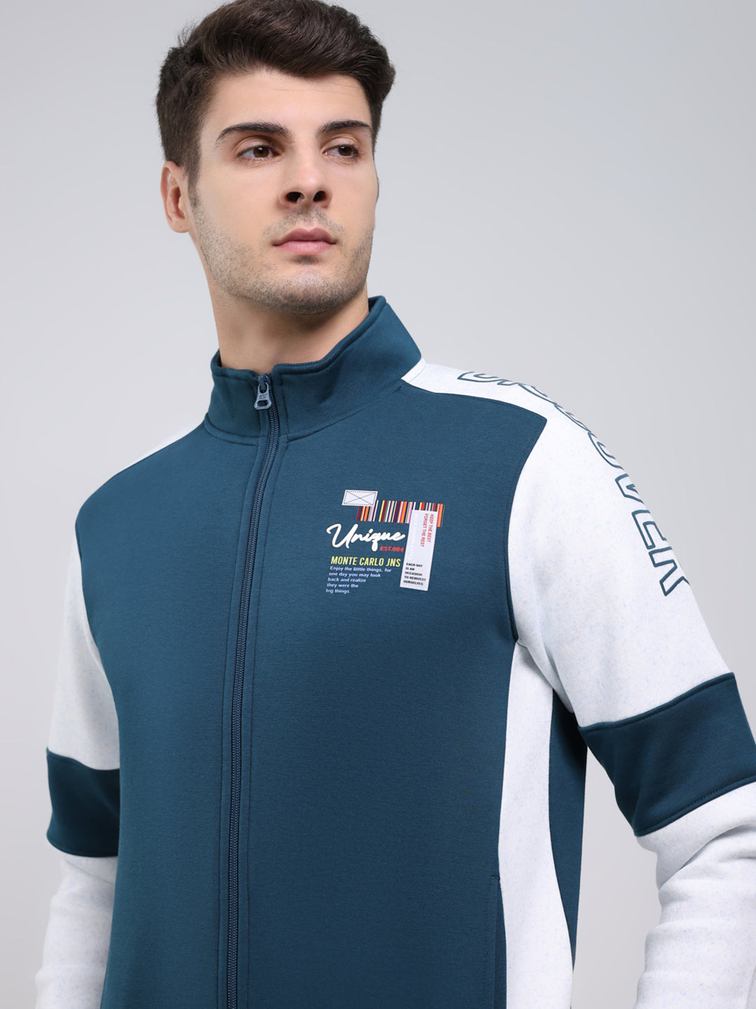 Men Teal Blue Solid Mock Neck Full Sleeve Sweatshirt