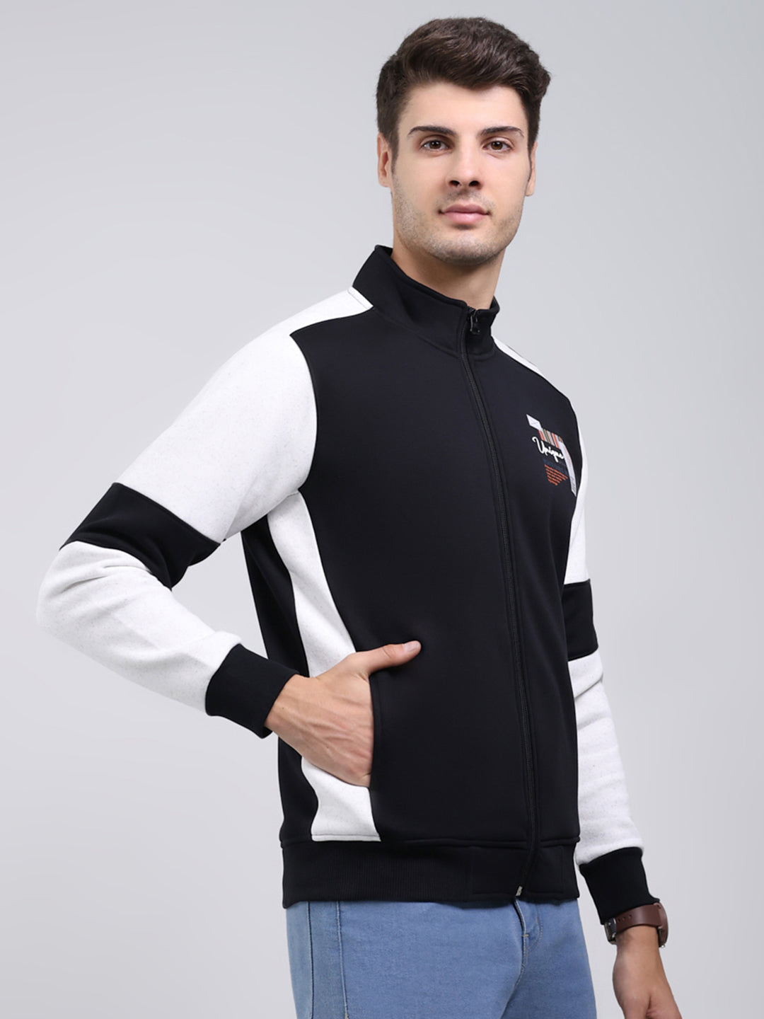 Men Black Solid Mock Neck Full Sleeve Sweatshirt