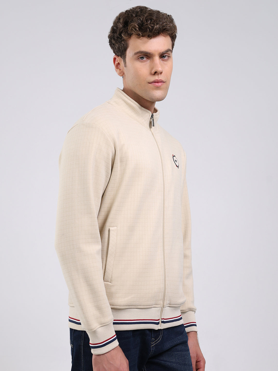 Men Beige Self Design Ultra Warm Collar Sweatshirt - Anti-Pilling Fabric
