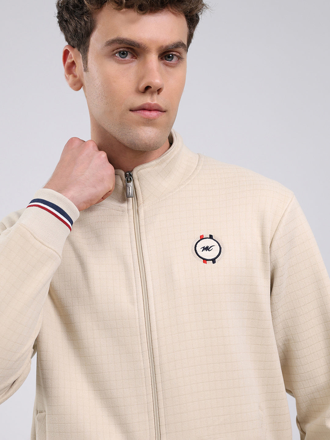 Men Beige Self Design Ultra Warm Collar Sweatshirt - Anti-Pilling Fabric