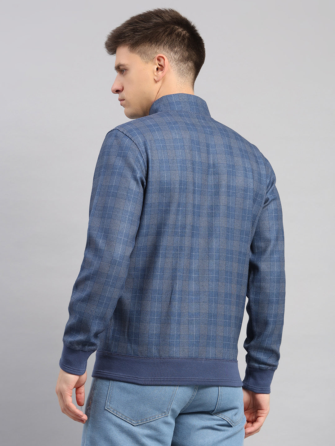 Men Blue Check Collar Full Sleeve Reversible Sweatshirt