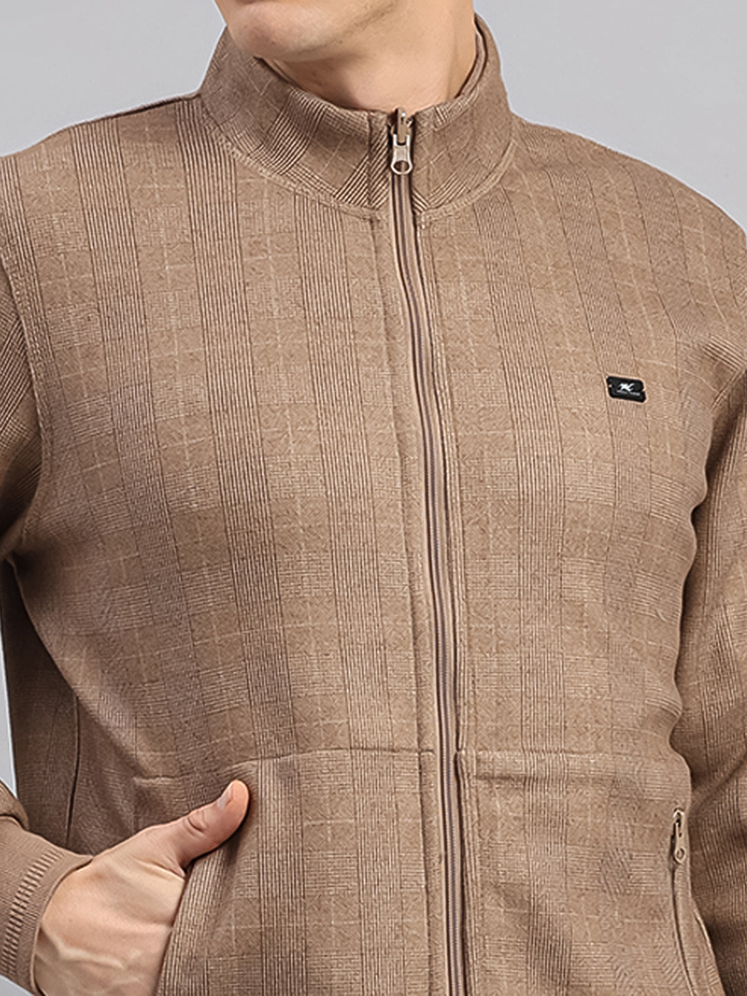 Men Brown Check Collar Full Sleeve Reversible Sweatshirt
