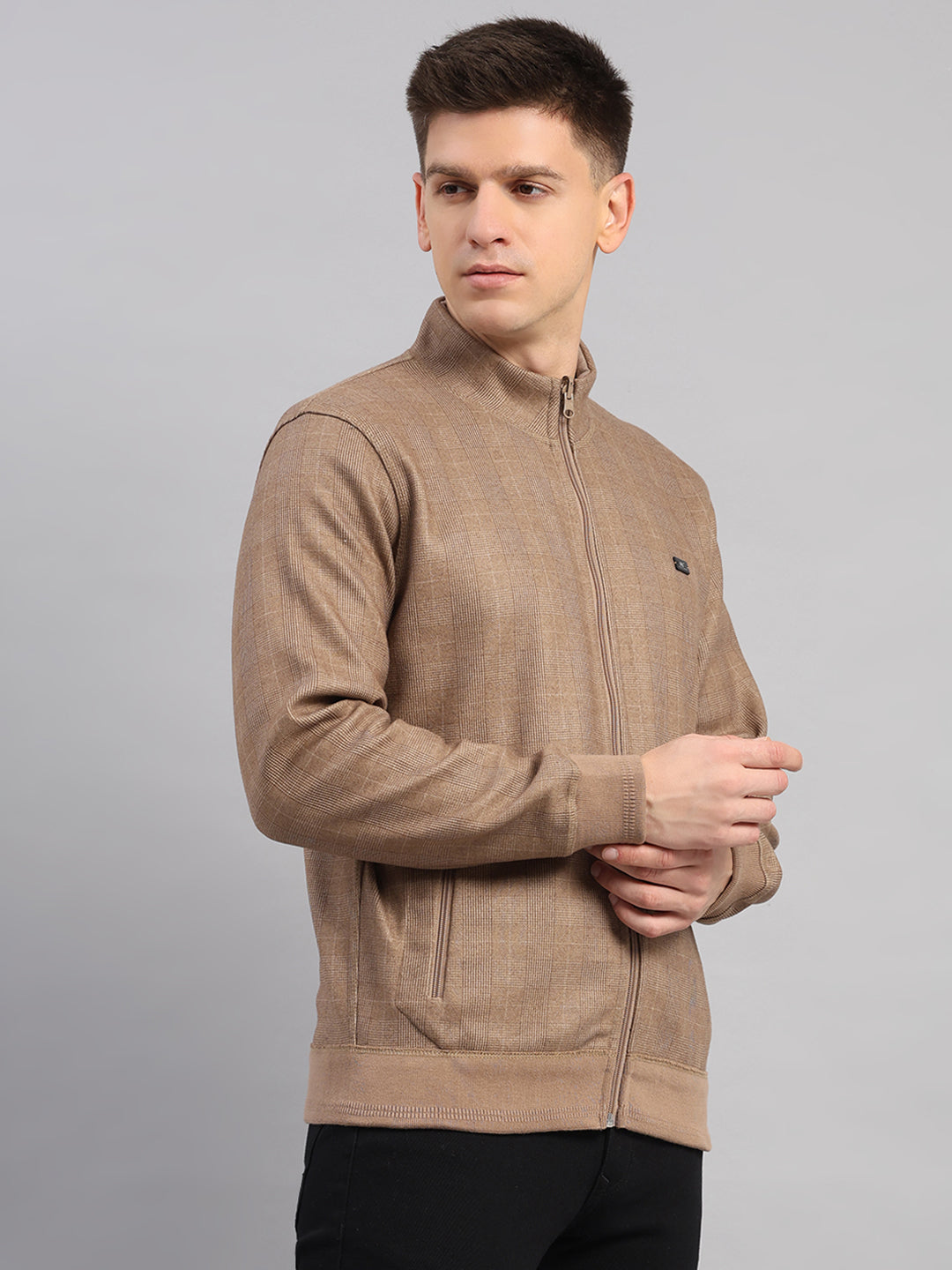 Men Brown Check Collar Full Sleeve Reversible Sweatshirt