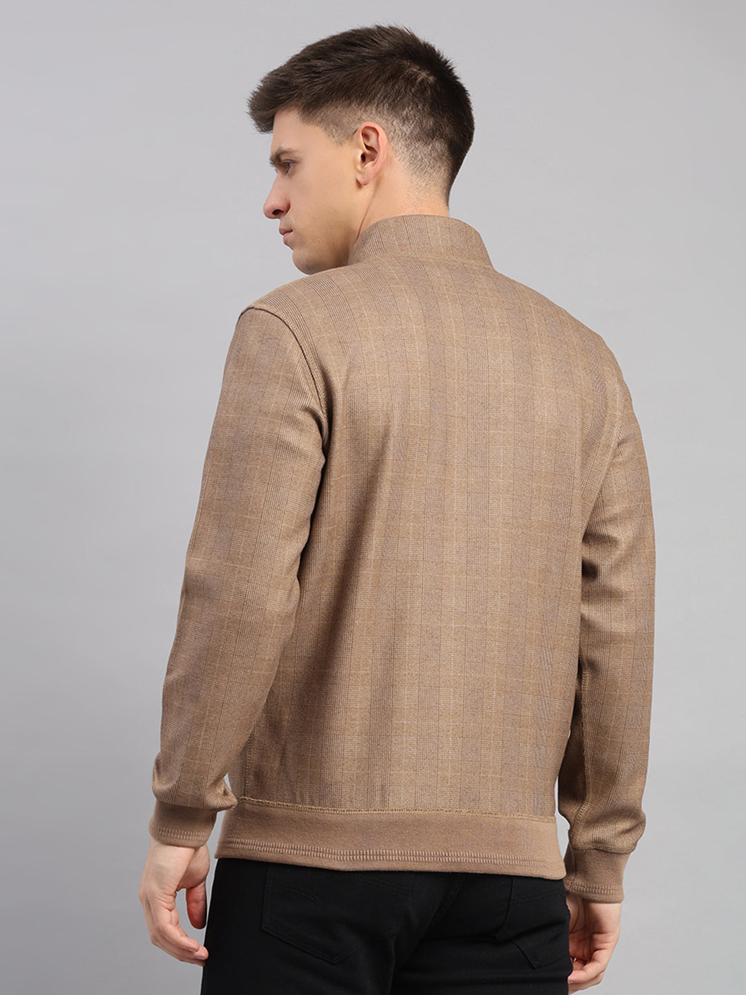 Men Brown Check Collar Full Sleeve Reversible Sweatshirt