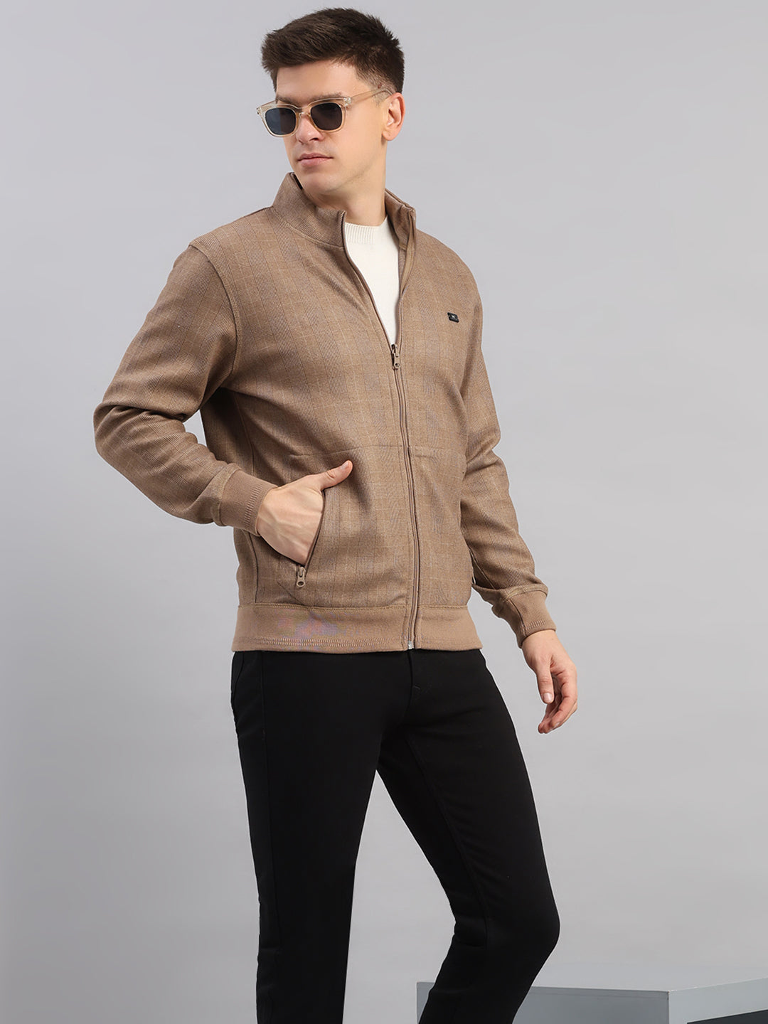 Men Brown Check Collar Full Sleeve Reversible Sweatshirt