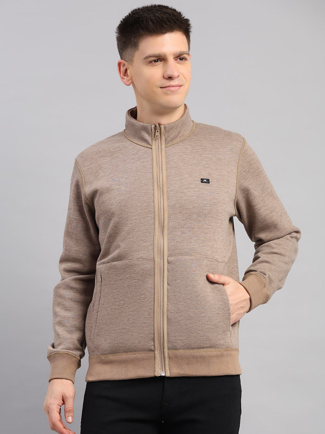 Men Brown Check Collar Full Sleeve Reversible Sweatshirt