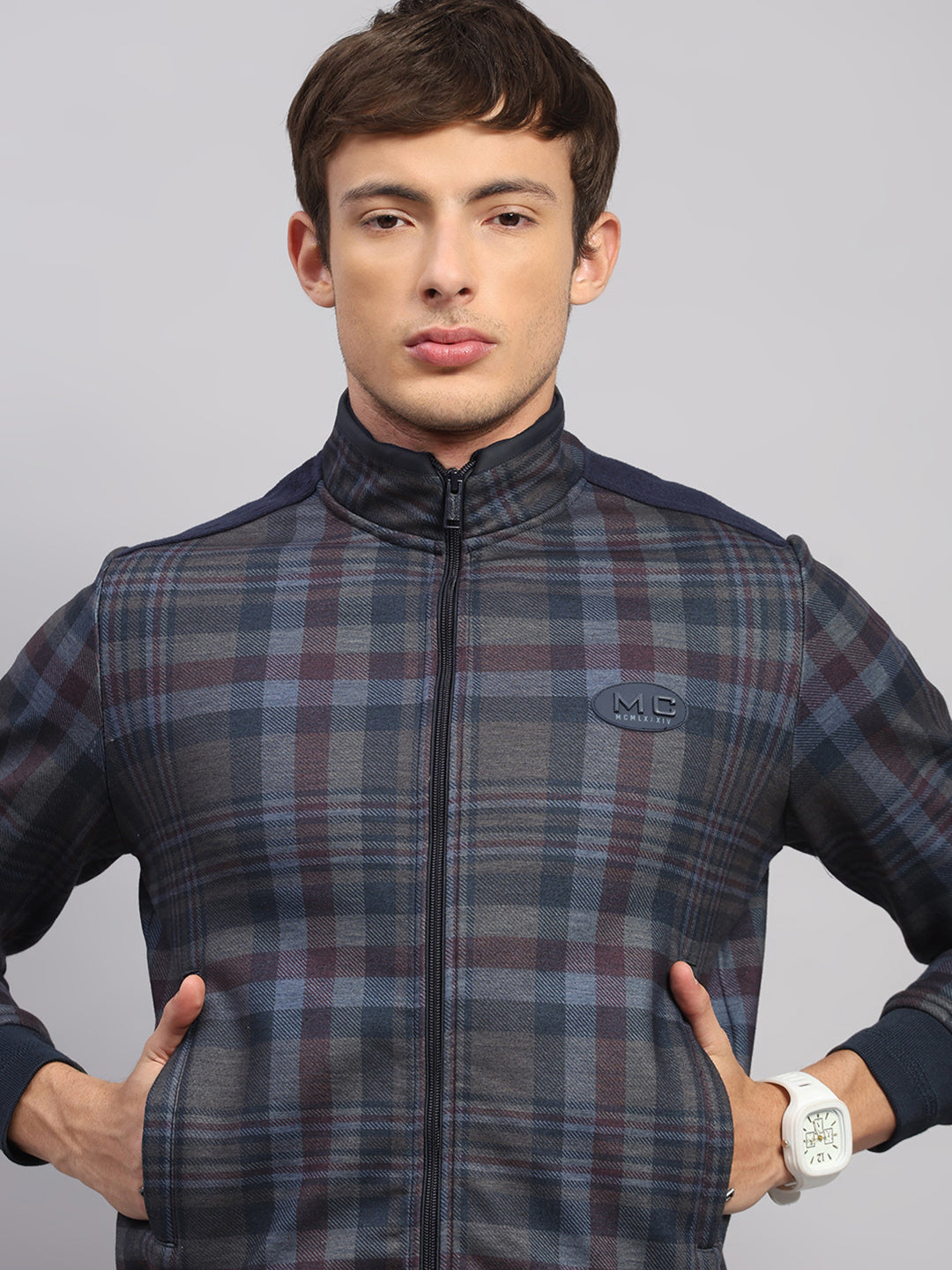 Men Navy Blue Jaquard Collar Full Sleeve Sweatshirt