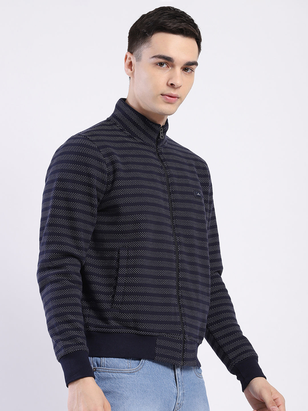 Men Navy Blue Self Design Mock Neck Full Sleeve Sweatshirt
