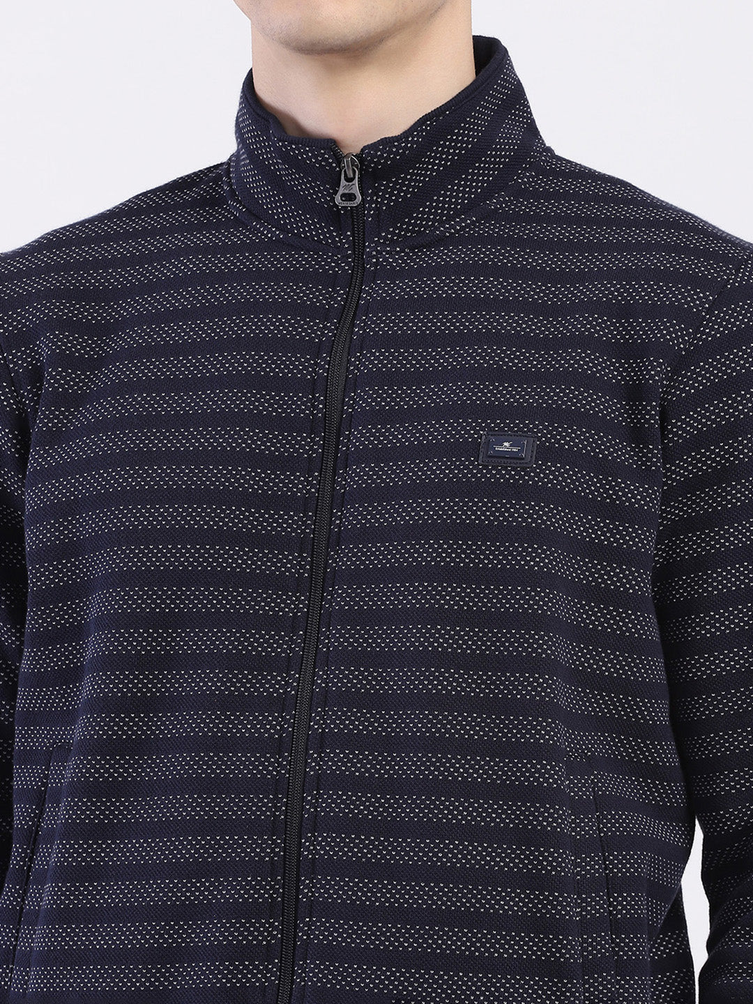 Men Navy Blue Self Design Mock Neck Full Sleeve Sweatshirt