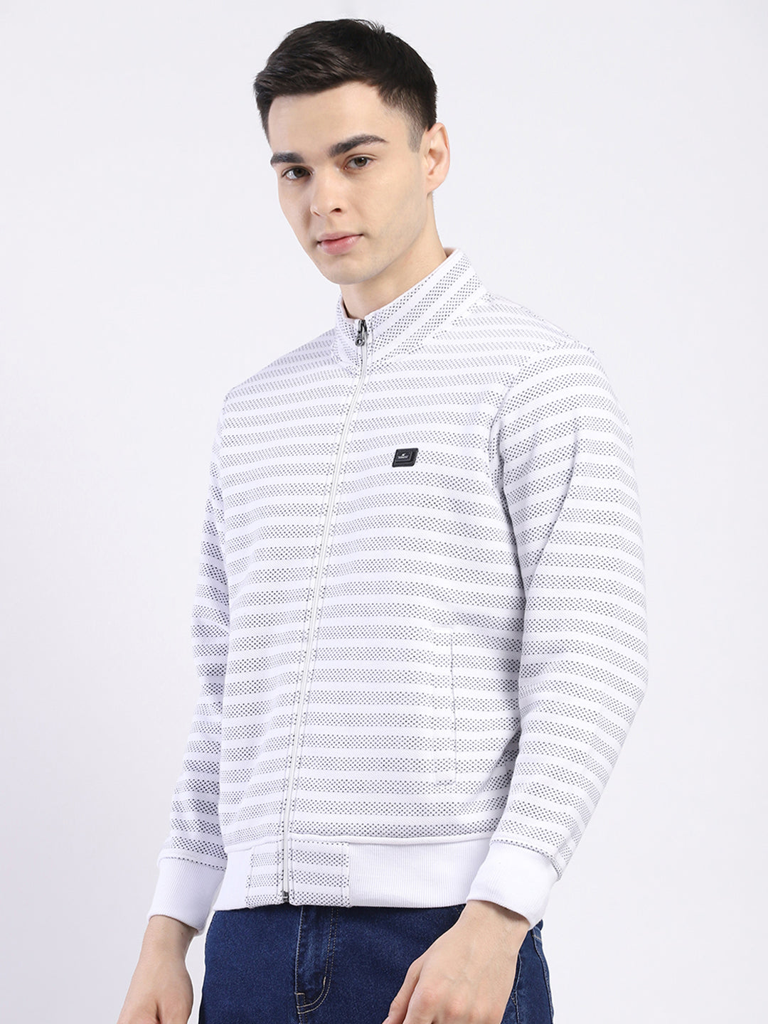 Men Off White Self Design Mock Neck Full Sleeve Sweatshirt