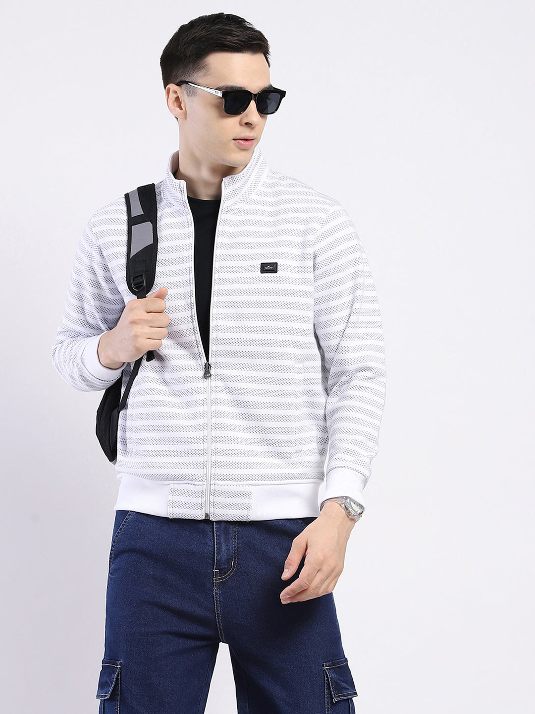 Men Off White Self Design Mock Neck Full Sleeve Sweatshirt