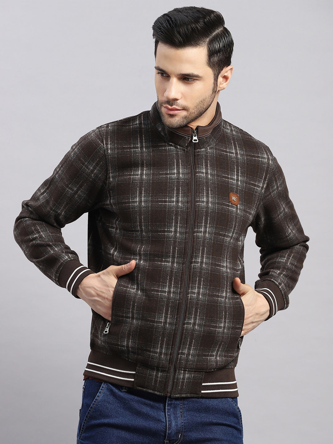Men Brown Self Design Ultra Warm Collar Sweatshirt - Anti-Pilling Fabric