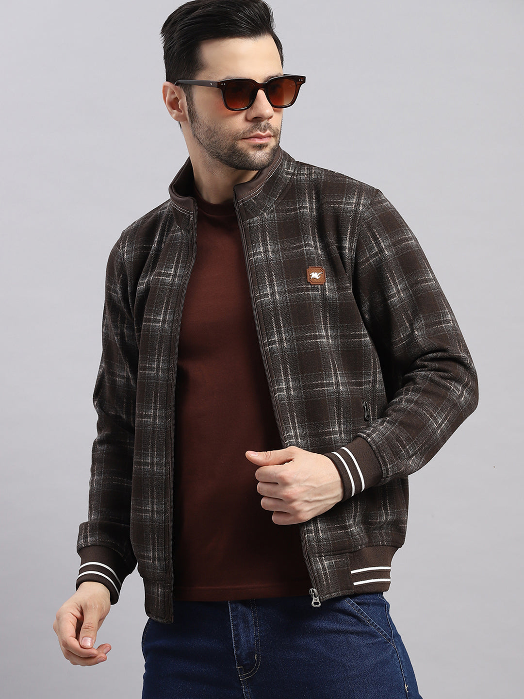 Men Brown Self Design Ultra Warm Collar Sweatshirt - Anti-Pilling Fabric