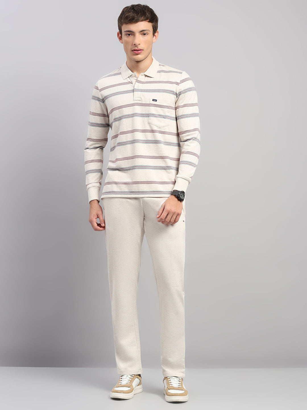 Men Beige Stripe Collar Full Sleeve Winter Tracksuit