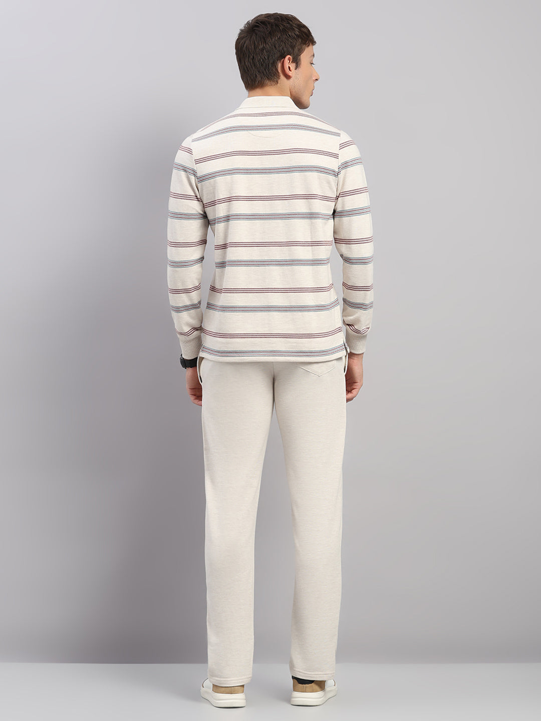 Men Beige Stripe Collar Full Sleeve Winter Tracksuit