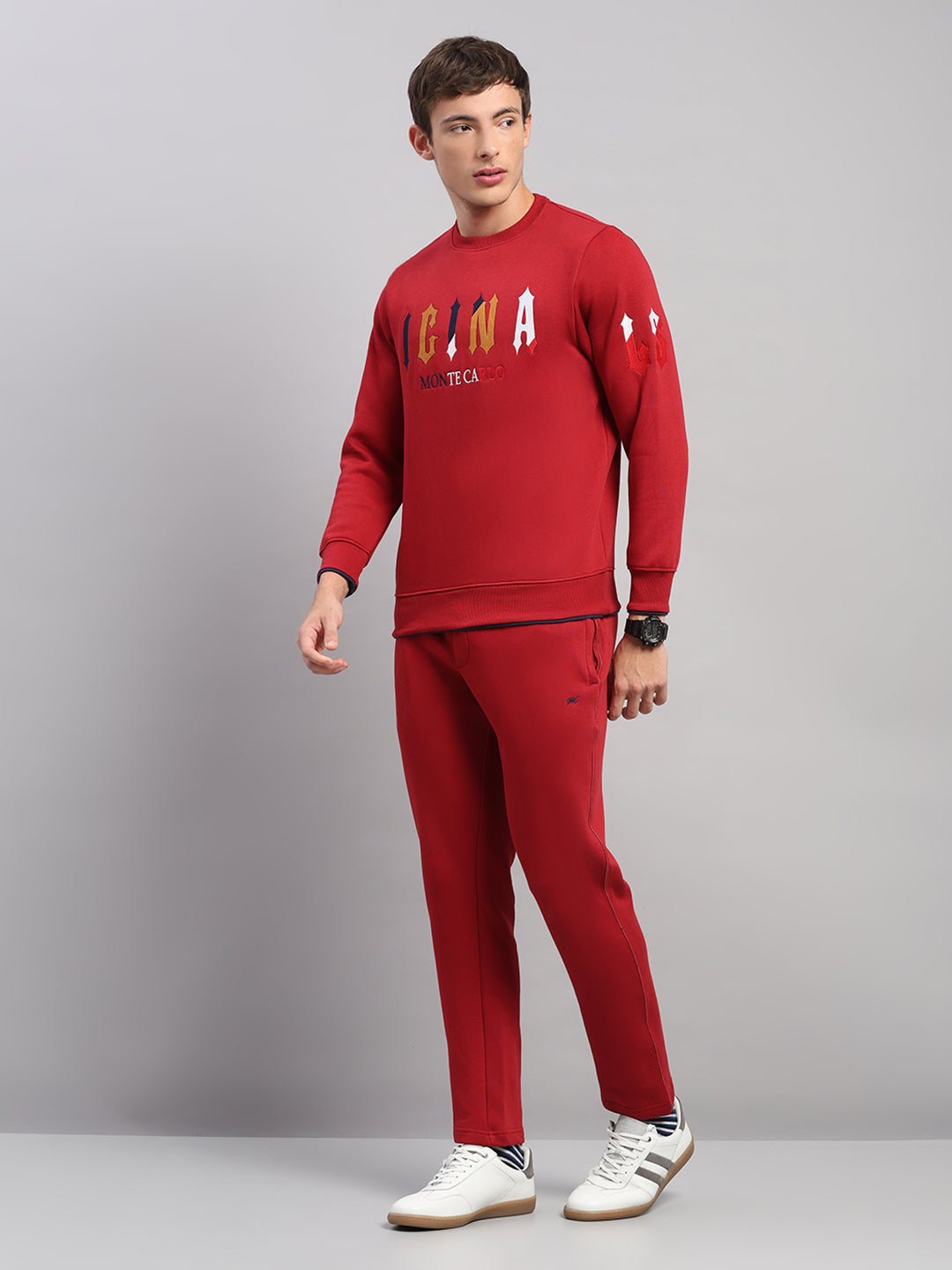 Men Maroon Self Design Collar Full Sleeve Winter Tracksuit