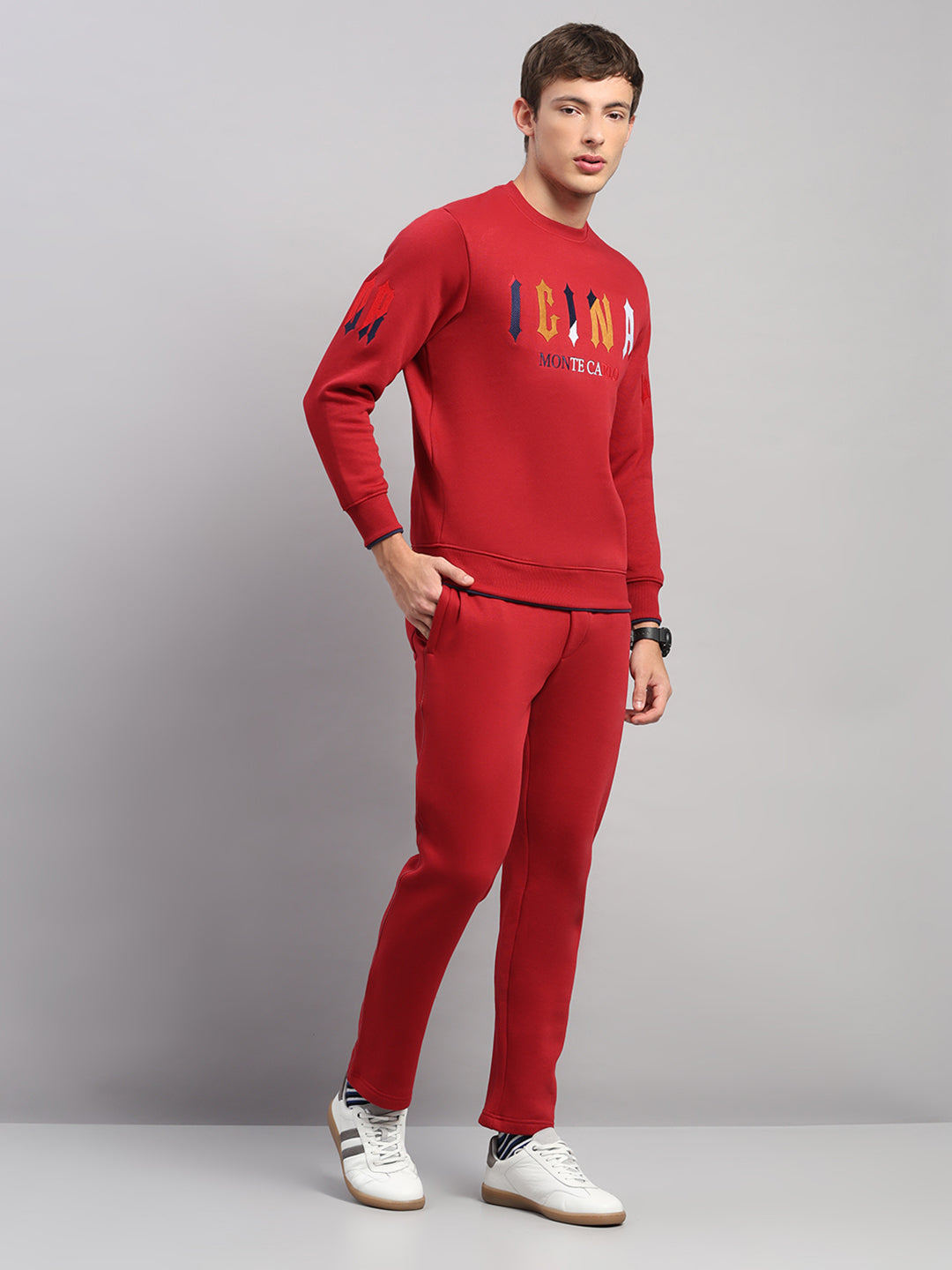 Men Maroon Self Design Collar Full Sleeve Winter Tracksuit