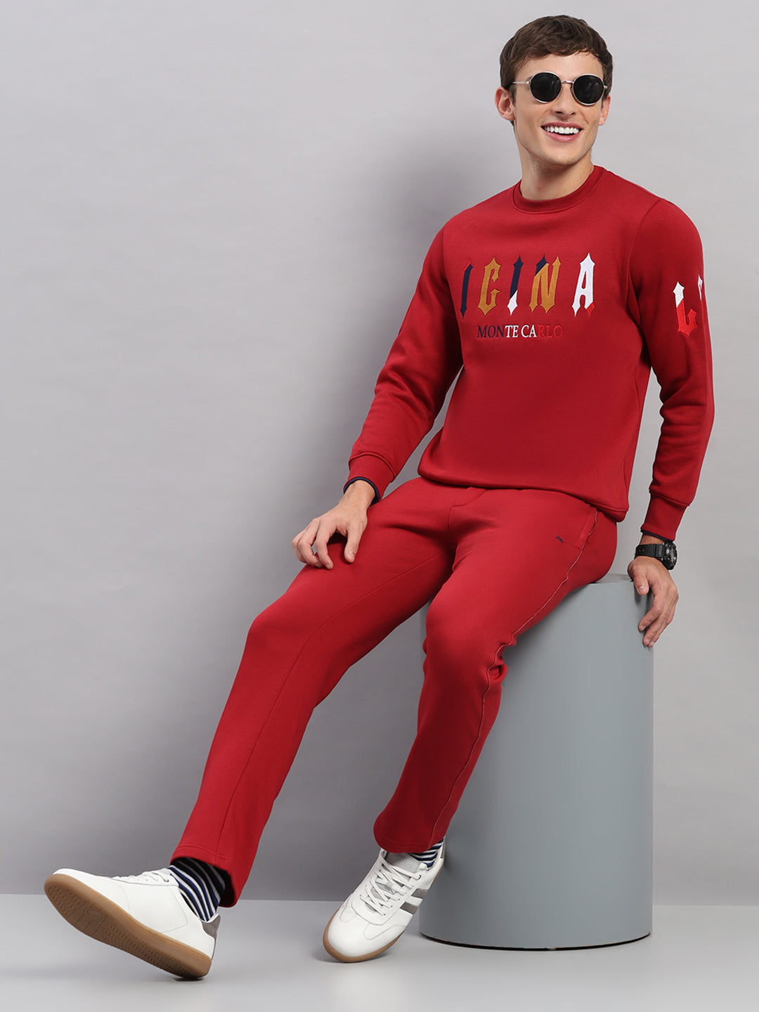 Men Maroon Self Design Collar Full Sleeve Winter Tracksuit