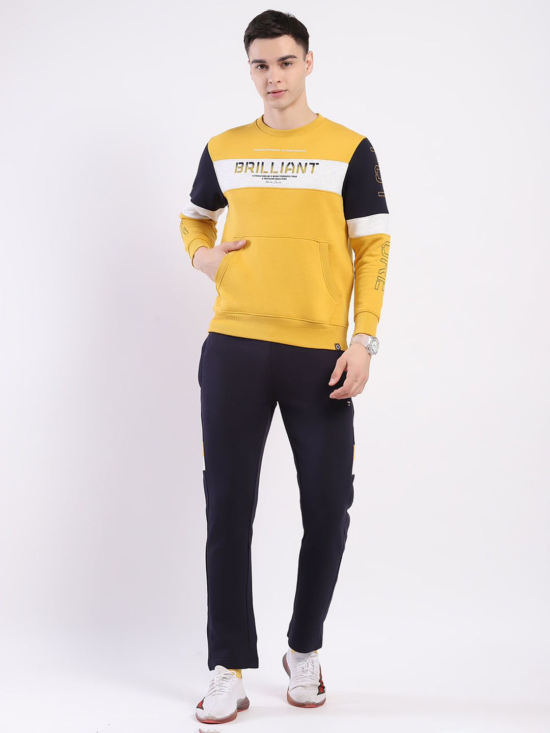 Men Yellow & Navy Blue Solid Round Neck Full Sleeve Winter Tracksuit
