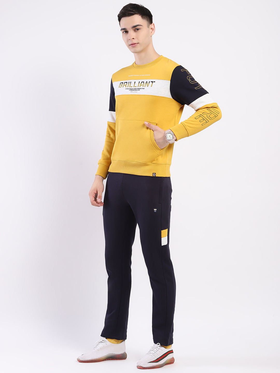 Men Yellow & Navy Blue Solid Round Neck Full Sleeve Winter Tracksuit