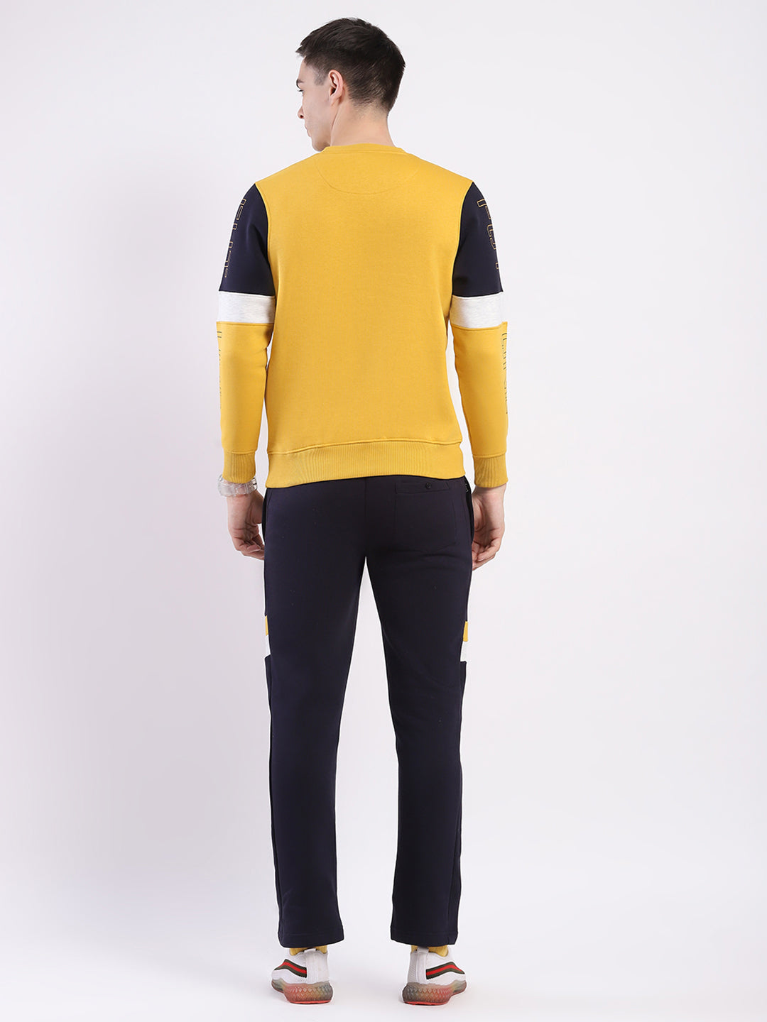 Men Yellow & Navy Blue Solid Round Neck Full Sleeve Winter Tracksuit