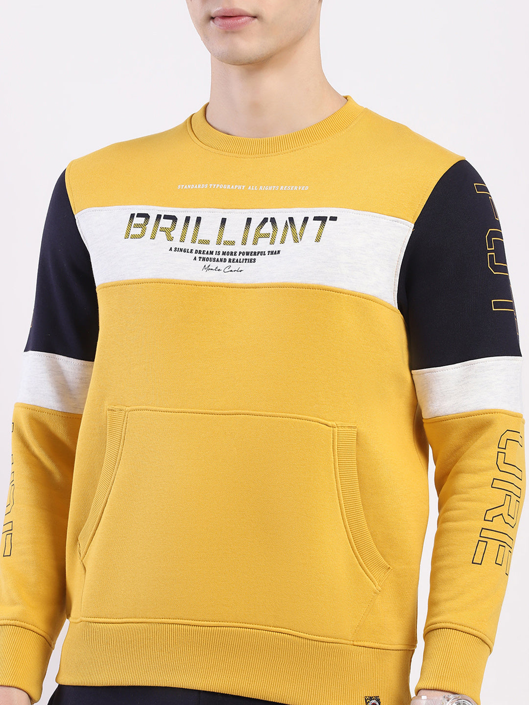 Men Yellow & Navy Blue Solid Round Neck Full Sleeve Winter Tracksuit