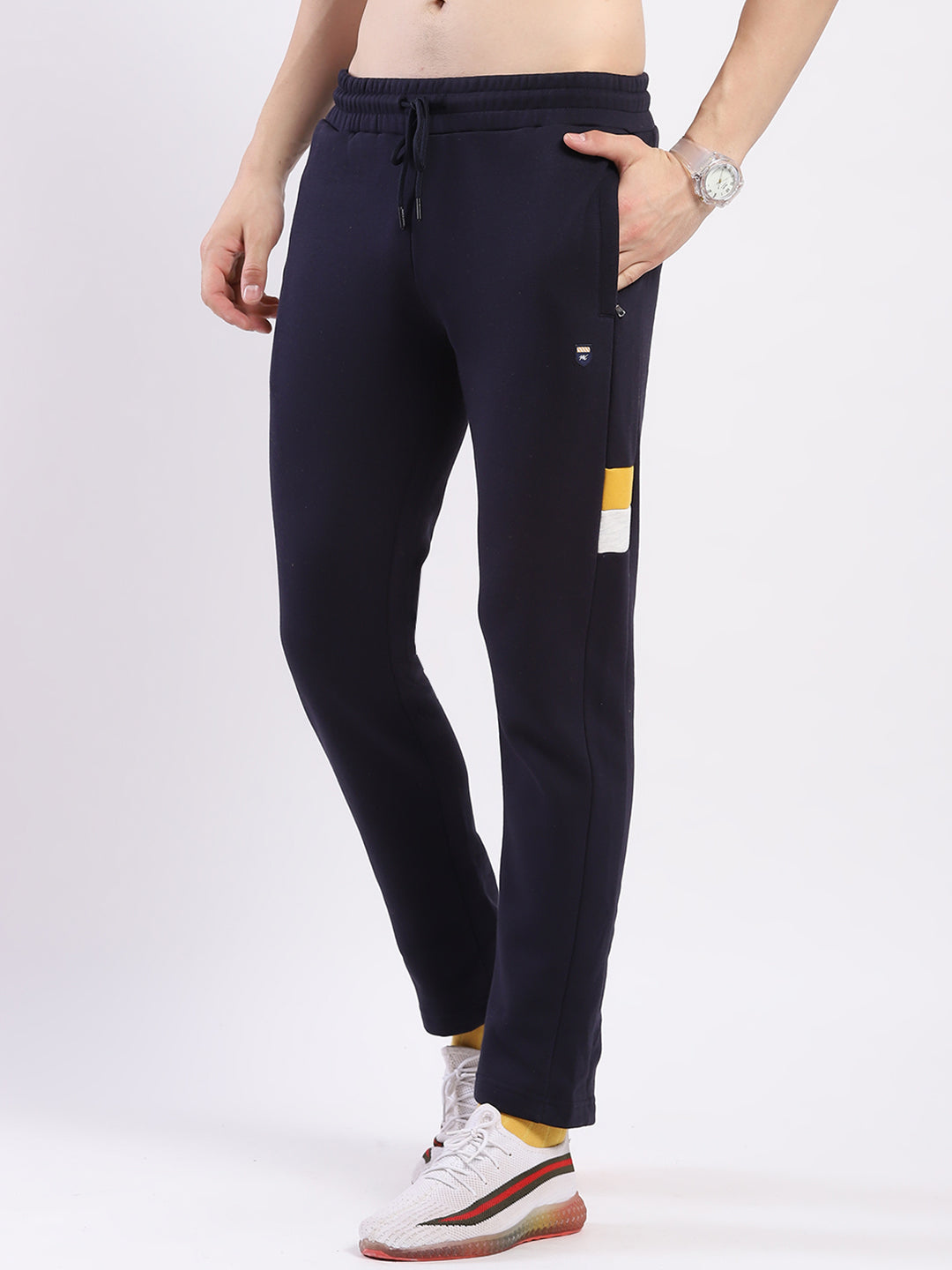 Men Yellow & Navy Blue Solid Round Neck Full Sleeve Winter Tracksuit