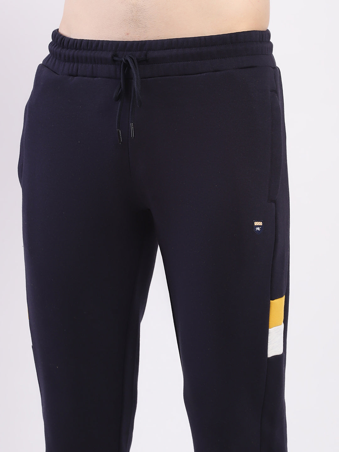 Men Yellow & Navy Blue Solid Round Neck Full Sleeve Winter Tracksuit