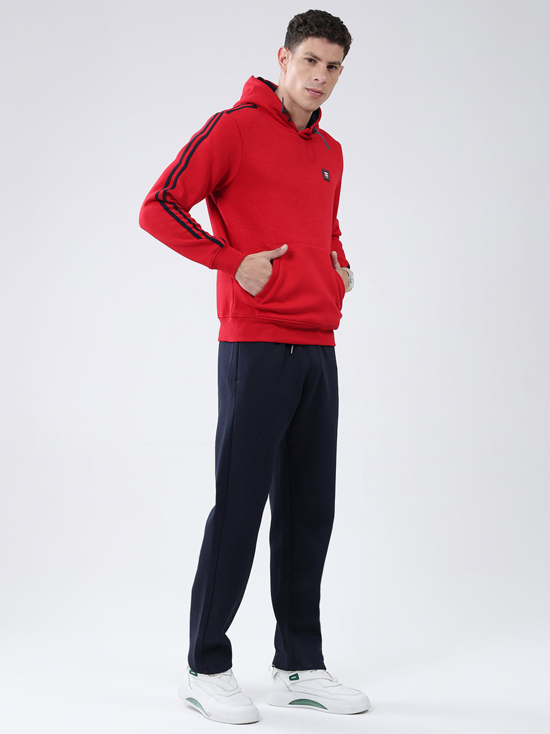 Men Red & Navy Blue Solid Hooded Full Sleeve Winter Tracksuit