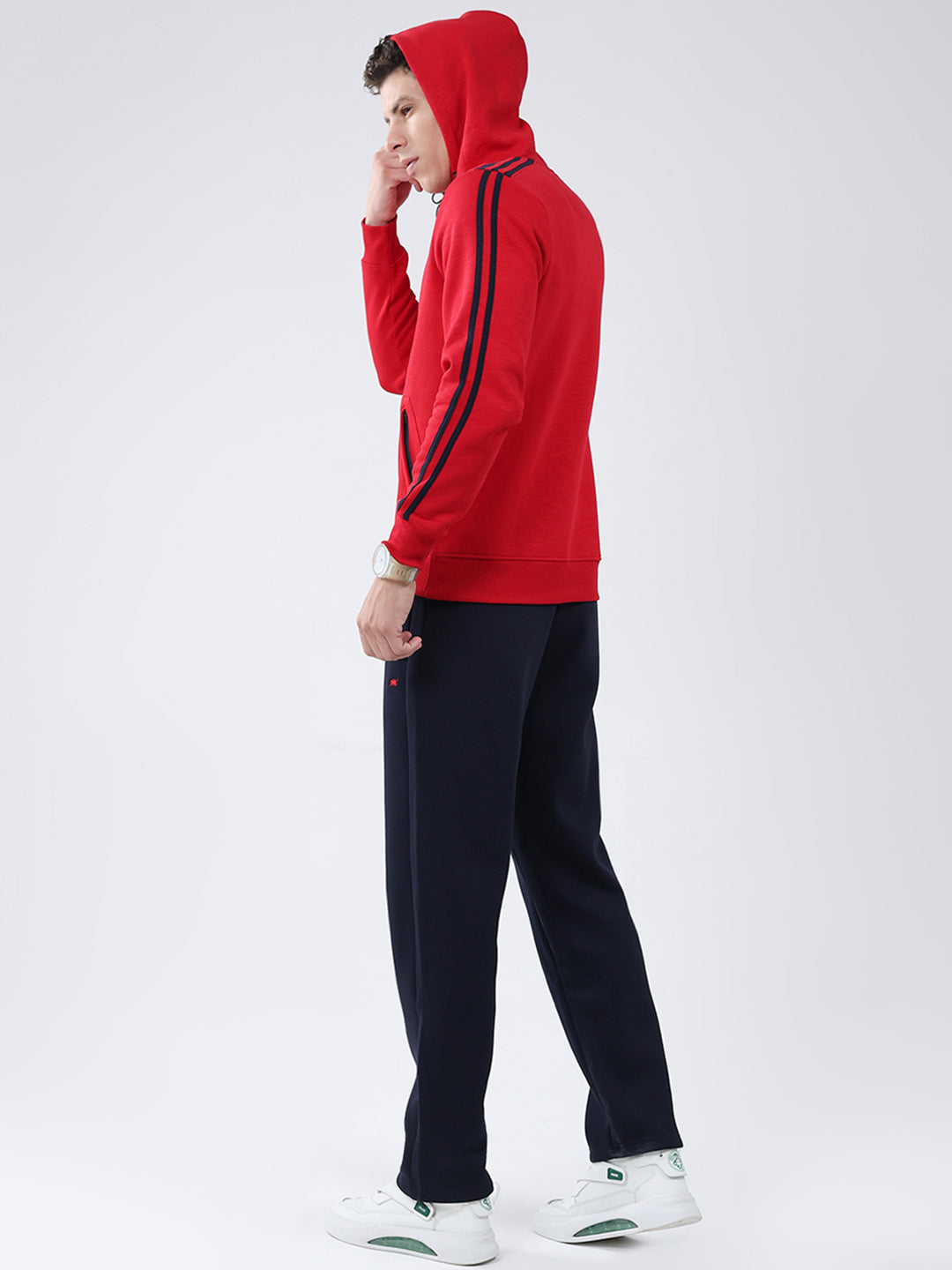 Men Red & Navy Blue Solid Hooded Full Sleeve Winter Tracksuit