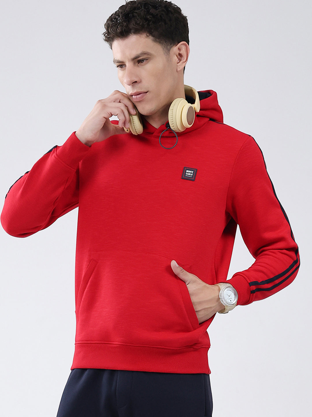 Men Red & Navy Blue Solid Hooded Full Sleeve Winter Tracksuit