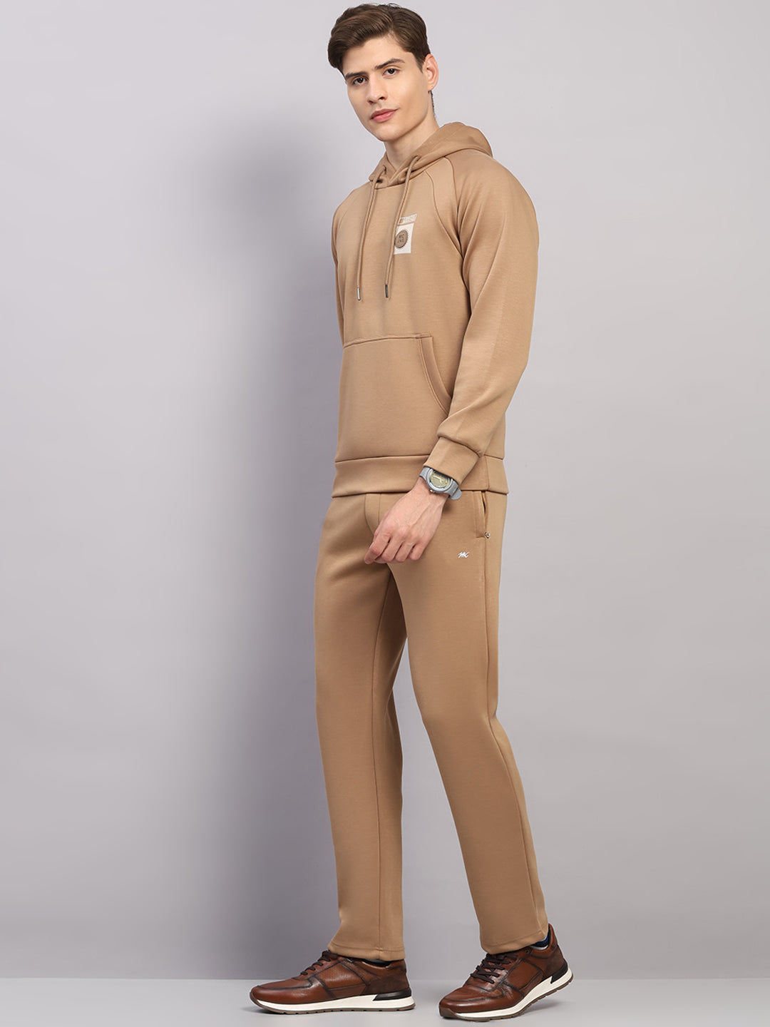 Men Beige Solid Collar Full Sleeve Winter Tracksuit