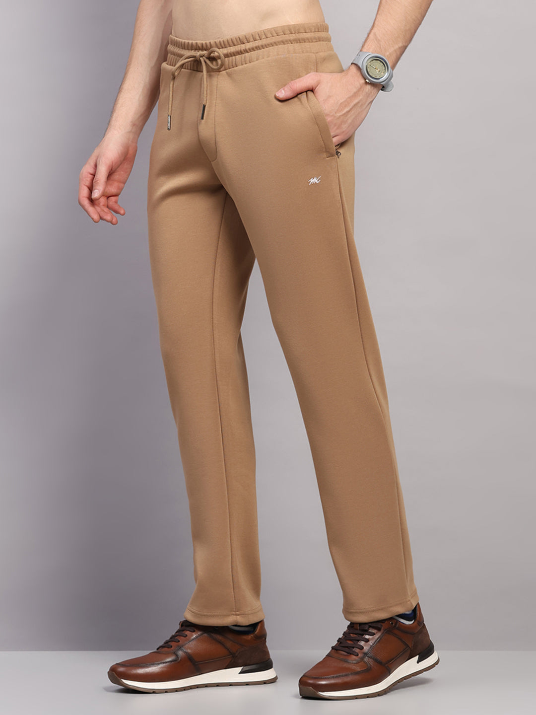 Men Beige Solid Collar Full Sleeve Winter Tracksuit